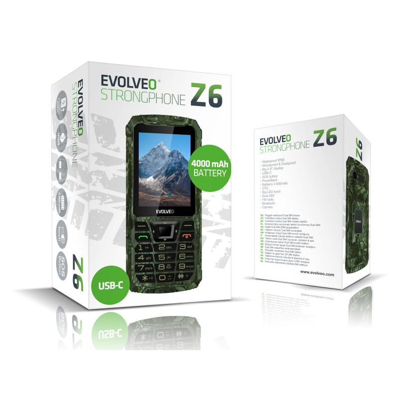 EVOLVEO StrongPhone Z6, IP68 odolný Dual SIM telefón, 2,8'' LCD, 4000mAh, Powerbanka, lovec. kamufláž