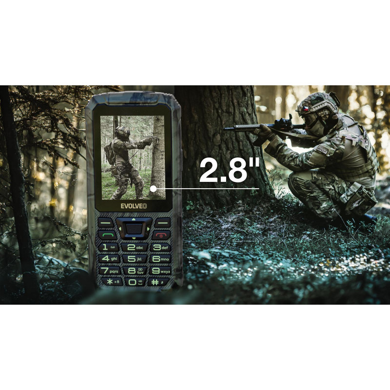 EVOLVEO StrongPhone Z6, IP68 odolný Dual SIM telefón, 2,8'' LCD, 4000mAh, Powerbanka, lovec. kamufláž
