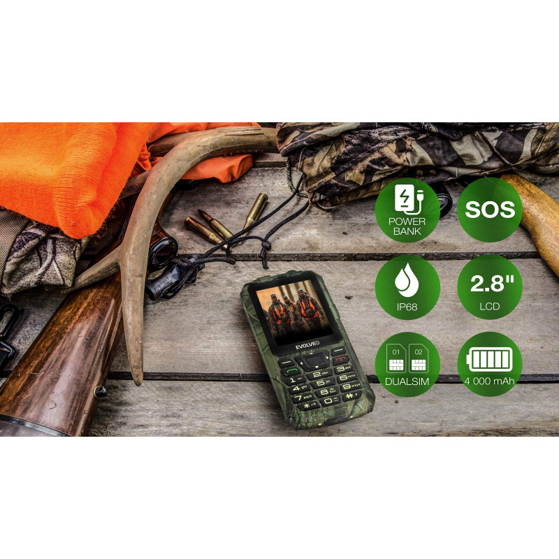 EVOLVEO StrongPhone Z6, IP68 odolný Dual SIM telefón, 2,8'' LCD, 4000mAh, Powerbanka, lovec. kamufláž