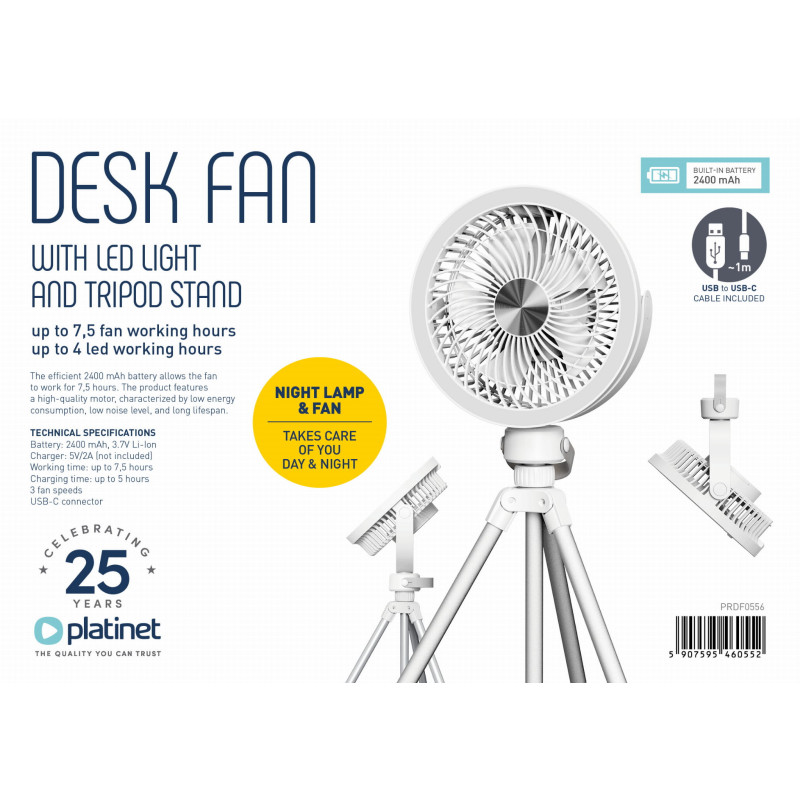 FELLOWES - Platinet PRDF0556 stolný ventilátor 14,5 cm, výškovo nastaviteľný tripod, funkcia nočného osvetlenia, ak