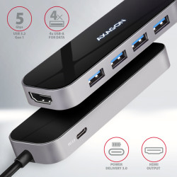 AXAGON HMC-6H4A, USB 3.2 Gen 1 húb, porty 4x USB-A, HDMI 4k/30Hz, PD 100W, kábel USB-C 20cm