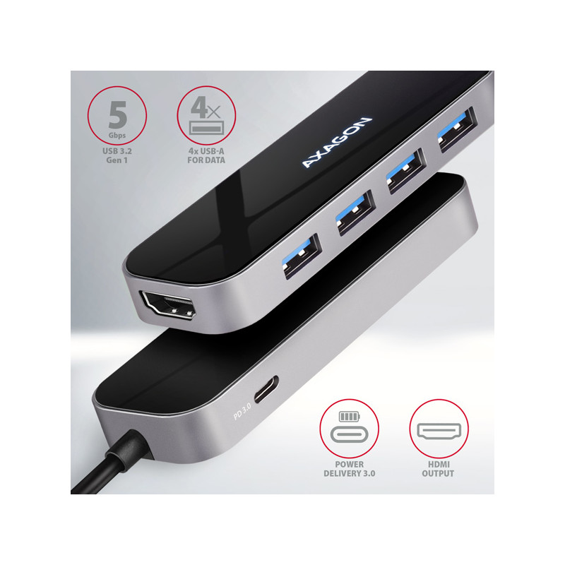 AXAGON HMC-6H4A, USB 3.2 Gen 1 húb, porty 4x USB-A, HDMI 4k/30Hz, PD 100W, kábel USB-C 20cm