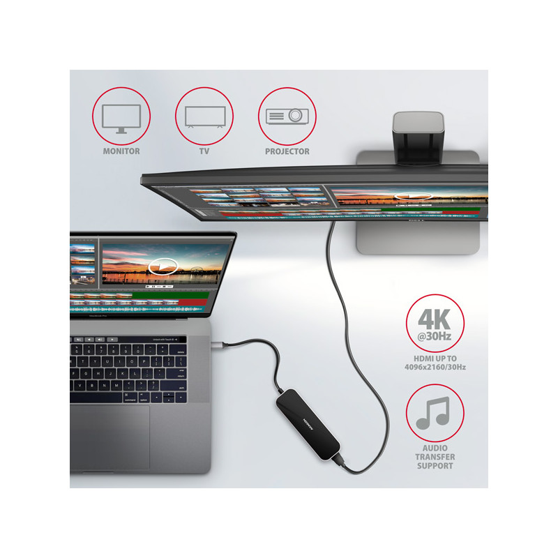 AXAGON HMC-6H4A, USB 3.2 Gen 1 húb, porty 4x USB-A, HDMI 4k/30Hz, PD 100W, kábel USB-C 20cm
