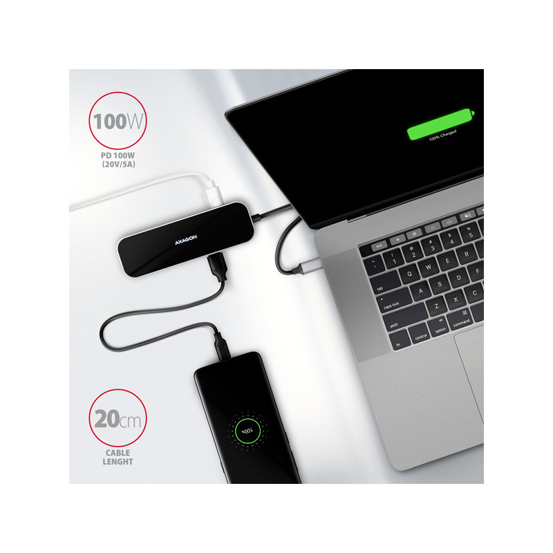 AXAGON HMC-6H4A, USB 3.2 Gen 1 húb, porty 4x USB-A, HDMI 4k/30Hz, PD 100W, kábel USB-C 20cm