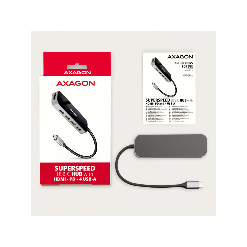 AXAGON HMC-6H4A, USB 3.2 Gen 1 húb, porty 4x USB-A, HDMI 4k/30Hz, PD 100W, kábel USB-C 20cm