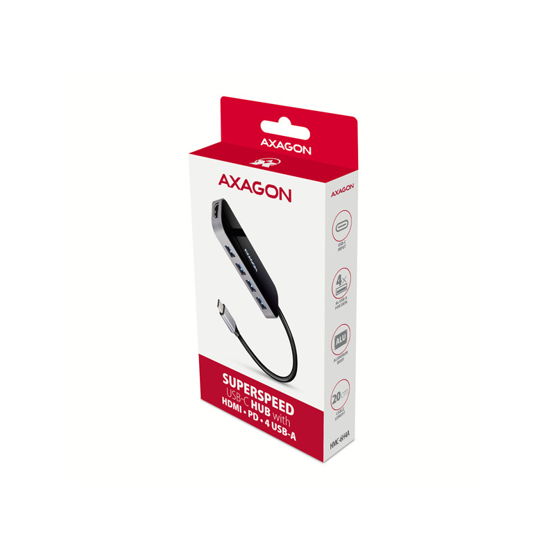 AXAGON HMC-6H4A, USB 3.2 Gen 1 húb, porty 4x USB-A, HDMI 4k/30Hz, PD 100W, kábel USB-C 20cm