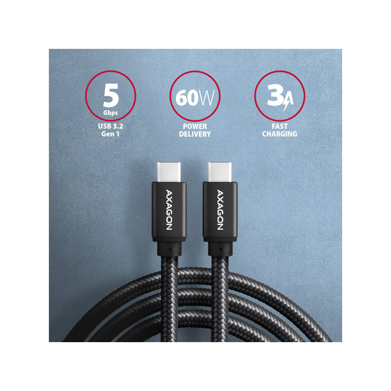 AXAGON BUCM3-CM10AB, SPEED kábel USB-C -- USB-C, 1m, USB 3.2 Gen 1, PD 60W 3A, ALU, oplet, čierny