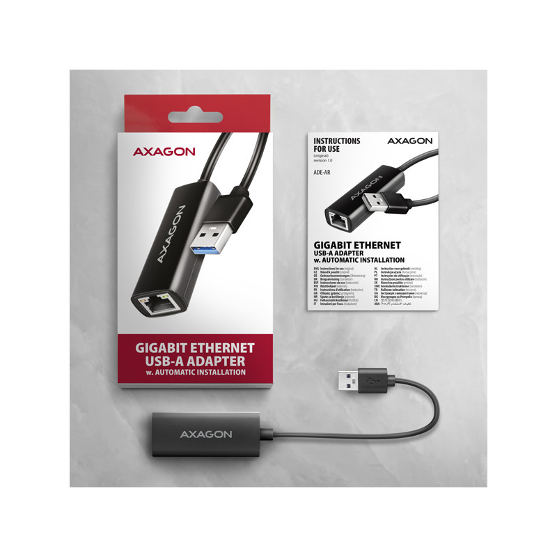 AXAGON ADE-AR, USB-A 3.2 Gen 1 - Gigabit Ethernet sieťová karta, Realtek 8153, auto inštal