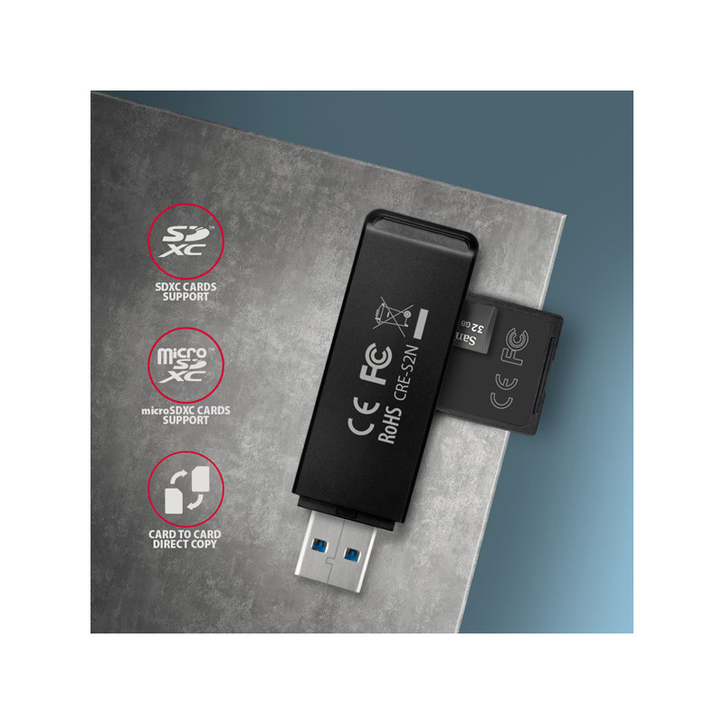 AXAGON CRE-S2N, USB-A 3.2 Gen 1 - SUPERSPEED čítačka kariet, 2-slot & lun SD/microSD, podpora UHS-I