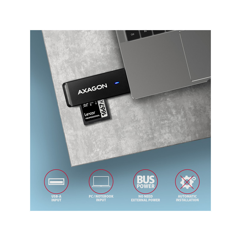 AXAGON CRE-S2N, USB-A 3.2 Gen 1 - SUPERSPEED čítačka kariet, 2-slot & lun SD/microSD, podpora UHS-I