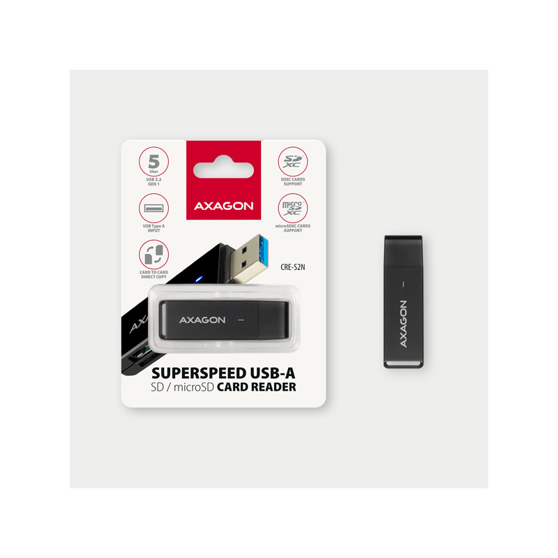 AXAGON CRE-S2N, USB-A 3.2 Gen 1 - SUPERSPEED čítačka kariet, 2-slot & lun SD/microSD, podpora UHS-I