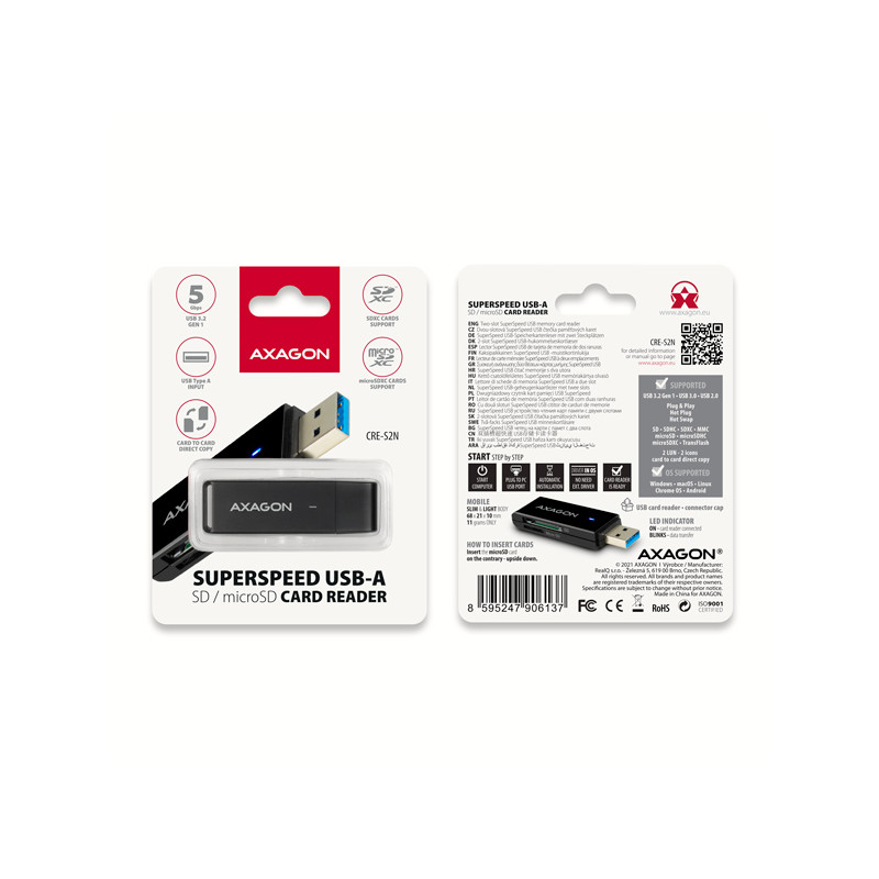 AXAGON CRE-S2N, USB-A 3.2 Gen 1 - SUPERSPEED čítačka kariet, 2-slot & lun SD/microSD, podpora UHS-I