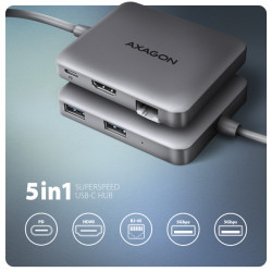 AXAGON HMC-5HL, USB 5Gbps húb, 2x USB-A, HDMI 4k/60Hz, RJ-45 GLAN, PD 100W, kábel USB-C 20cm