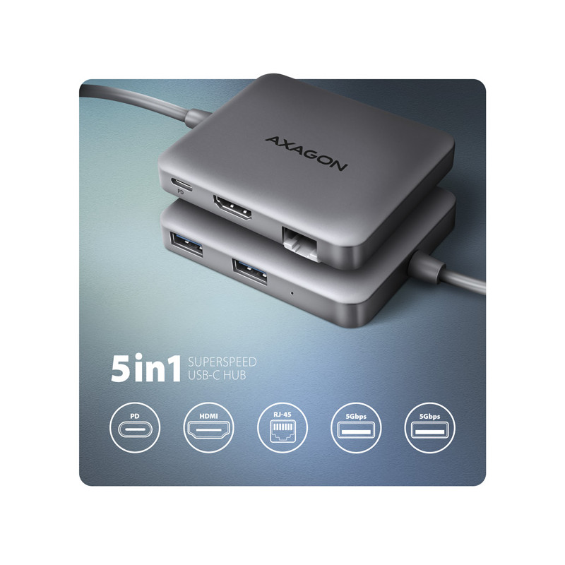 AXAGON HMC-5HL, USB 5Gbps húb, 2x USB-A, HDMI 4k/60Hz, RJ-45 GLAN, PD 100W, kábel USB-C 20cm