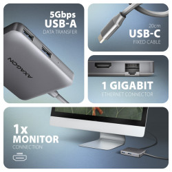 AXAGON HMC-5HL, USB 5Gbps húb, 2x USB-A, HDMI 4k/60Hz, RJ-45 GLAN, PD 100W, kábel USB-C 20cm