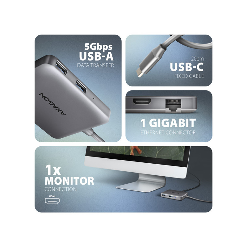 AXAGON HMC-5HL, USB 5Gbps húb, 2x USB-A, HDMI 4k/60Hz, RJ-45 GLAN, PD 100W, kábel USB-C 20cm