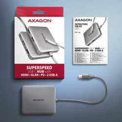 AXAGON HMC-5HL, USB 5Gbps húb, 2x USB-A, HDMI 4k/60Hz, RJ-45 GLAN, PD 100W, kábel USB-C 20cm