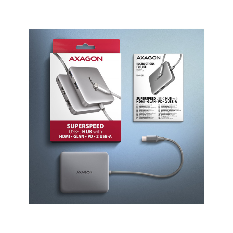 AXAGON HMC-5HL, USB 5Gbps húb, 2x USB-A, HDMI 4k/60Hz, RJ-45 GLAN, PD 100W, kábel USB-C 20cm