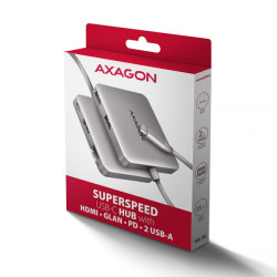 AXAGON HMC-5HL, USB 5Gbps húb, 2x USB-A, HDMI 4k/60Hz, RJ-45 GLAN, PD 100W, kábel USB-C 20cm