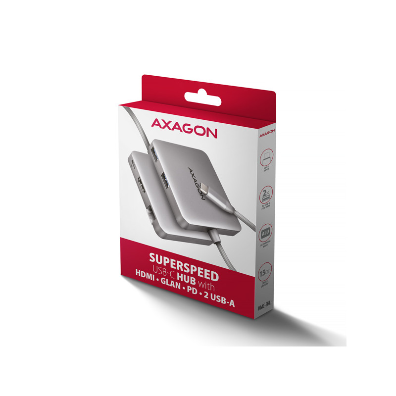 AXAGON HMC-5HL, USB 5Gbps húb, 2x USB-A, HDMI 4k/60Hz, RJ-45 GLAN, PD 100W, kábel USB-C 20cm