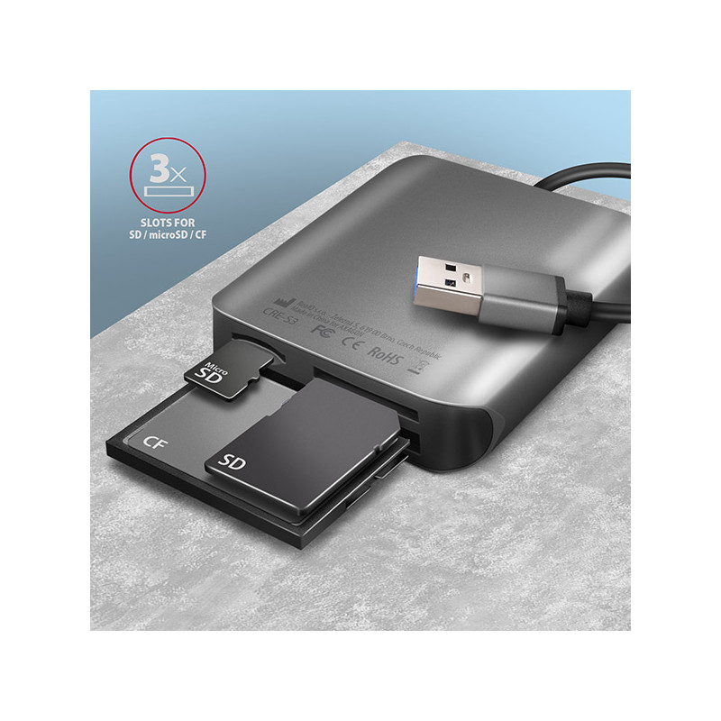 AXAGON CRE-S3, USB-A 3.2 Gen 1 - SUPERSPEED čítačka kariet, 3-slot & lun SD/microSD/CF, podpora UHS-II