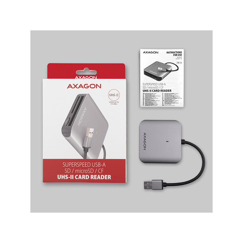 AXAGON CRE-S3, USB-A 3.2 Gen 1 - SUPERSPEED čítačka kariet, 3-slot & lun SD/microSD/CF, podpora UHS-II