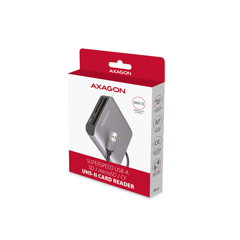 AXAGON CRE-S3, USB-A 3.2 Gen 1 - SUPERSPEED čítačka kariet, 3-slot & lun SD/microSD/CF, podpora UHS-II