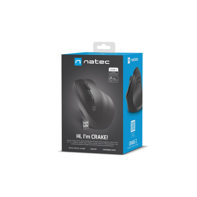 Natec CRAKE 2/Kancelárska/Optická/Pre pravákov/2 400 DPI/USB+BT/Čierna