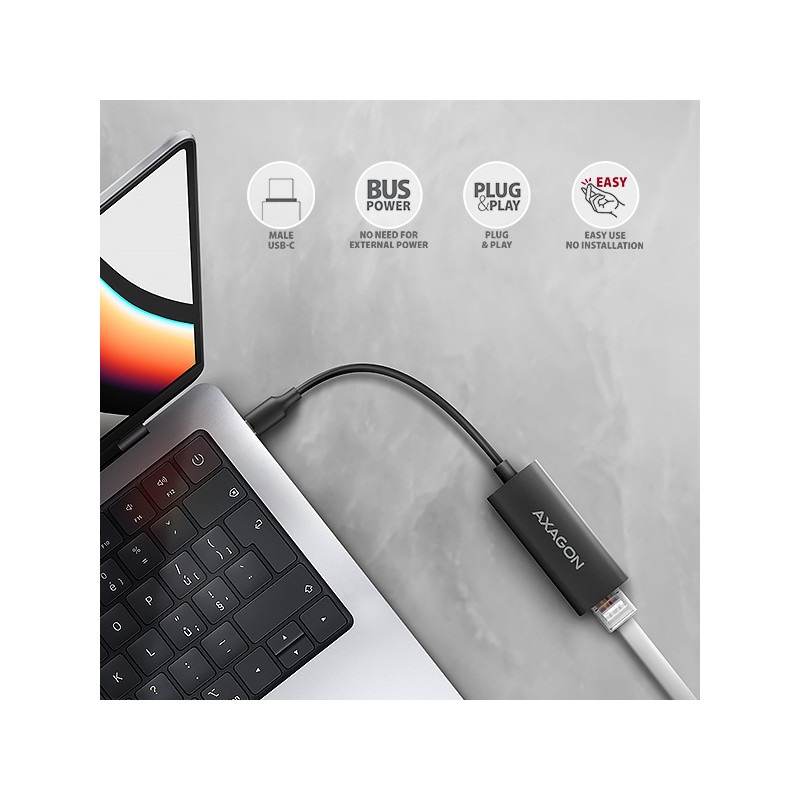 AXAGON ADE-ARC, USB-C 3.2 Gen 1 - Gigabit Ethernet sieťová karta, Realtek 8153, auto inštal