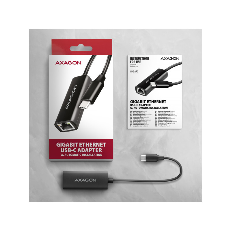 AXAGON ADE-ARC, USB-C 3.2 Gen 1 - Gigabit Ethernet sieťová karta, Realtek 8153, auto inštal