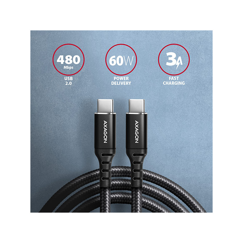 AXAGON BUCM-CM30AB, HQ kábel USB-C -- USB-C, 3m, USB 2.0, PD 60W 3A, ALU, oplet, čierny