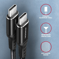 AXAGON BUCM-CM30AB, HQ kábel USB-C -- USB-C, 3m, USB 2.0, PD 60W 3A, ALU, oplet, čierny