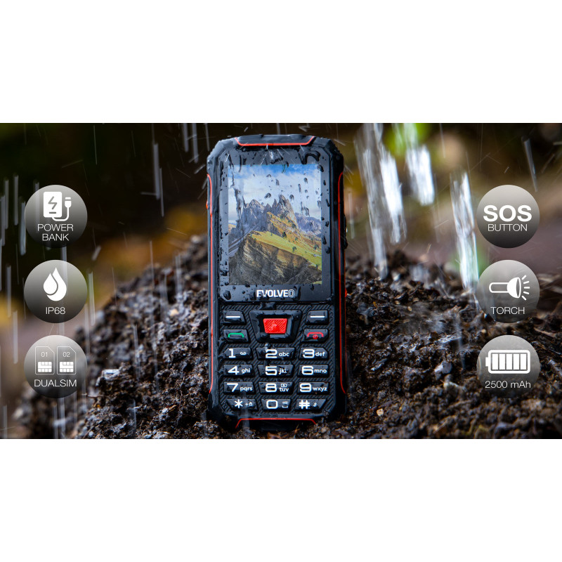 EVOLVEO StrongPhone W4, IP68 odolný Dual SIM telefón, 2,8'' LCD, 2500mAh, Powerbanka, černo-červený