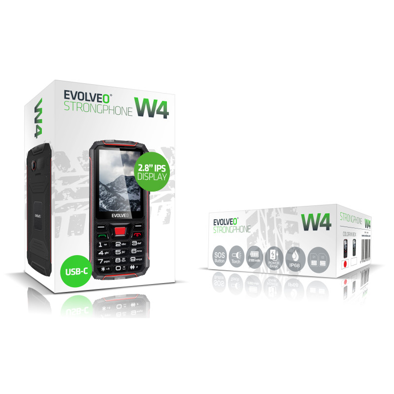 EVOLVEO StrongPhone W4, IP68 odolný Dual SIM telefón, 2,8'' LCD, 2500mAh, Powerbanka, černo-červený