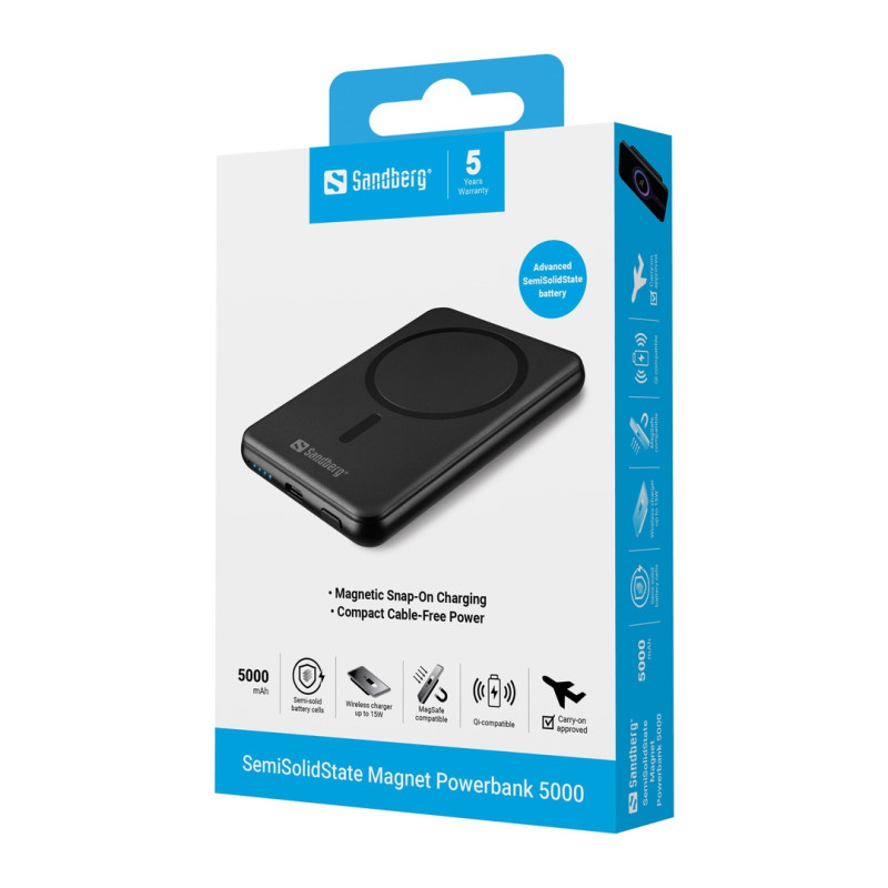 NONAME - Sandberg SemiSolidState Magnet Powerbank 5000 mAh PD20W, magnetická powerbanka, čierna