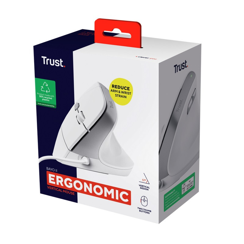 Trust Bayo II/Vertikálna/Optická/Pre pravákov/2 400 DPI/Drôtová USB/Biela