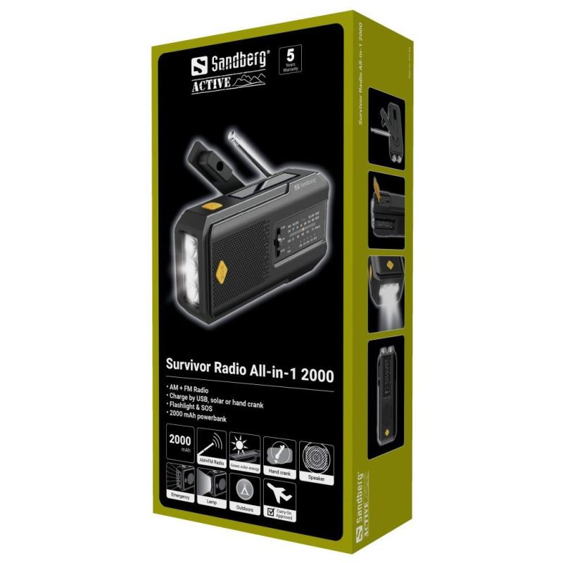 NONAME - Sandberg Surviovor All-in-1 2000 mAh, FM/AM rádio s ďalšími funkciami, čierna