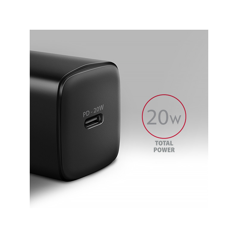 AXAGON ACU-PD20, nabíjačka do siete 20W, 1x port USB-C, PD3.0/PPS/QC4+/AFC/Apple, čierna