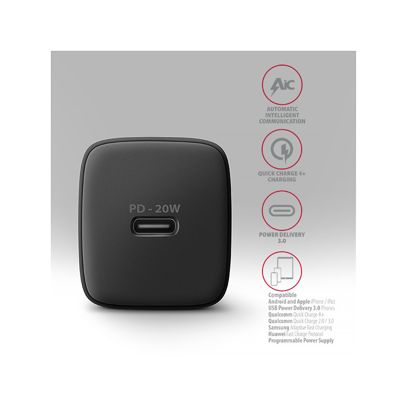 AXAGON ACU-PD20, nabíjačka do siete 20W, 1x port USB-C, PD3.0/PPS/QC4+/AFC/Apple, čierna