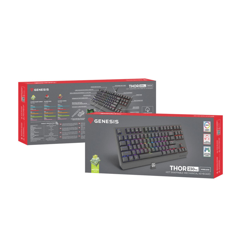 GENESIS herná klávesnica THOR 230/TKL/RGB/Outemu Silent Lemon/Bezdrôtová USB + Bluetooth/US layout/Č