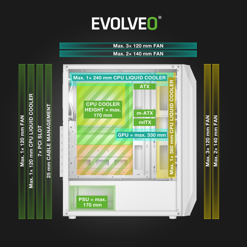 EVOLVEO Xenon, Midi Tower / 4x ARGB / mesh + sklo
