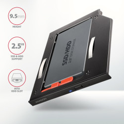 AXAGON RSS-CD09 rámček pre 2.5'' SSD/HDD do DVD slotu, 9.5 mm, LED, hliník