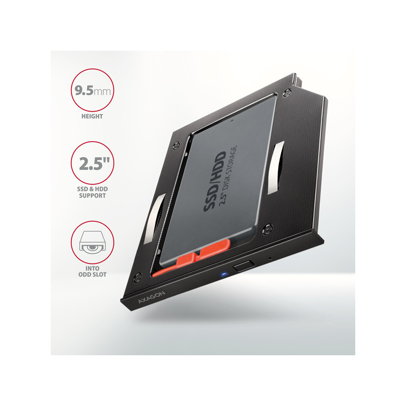 AXAGON RSS-CD09 rámček pre 2.5'' SSD/HDD do DVD slotu, 9.5 mm, LED, hliník