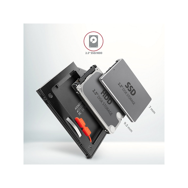 AXAGON RSS-CD09 rámček pre 2.5'' SSD/HDD do DVD slotu, 9.5 mm, LED, hliník