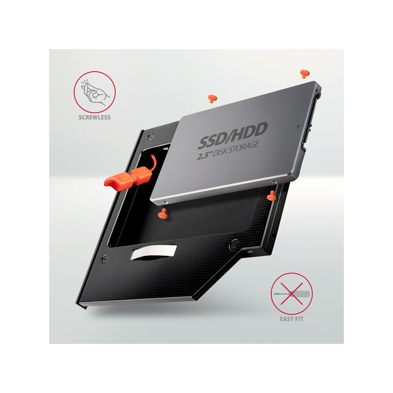 AXAGON RSS-CD09 rámček pre 2.5'' SSD/HDD do DVD slotu, 9.5 mm, LED, hliník