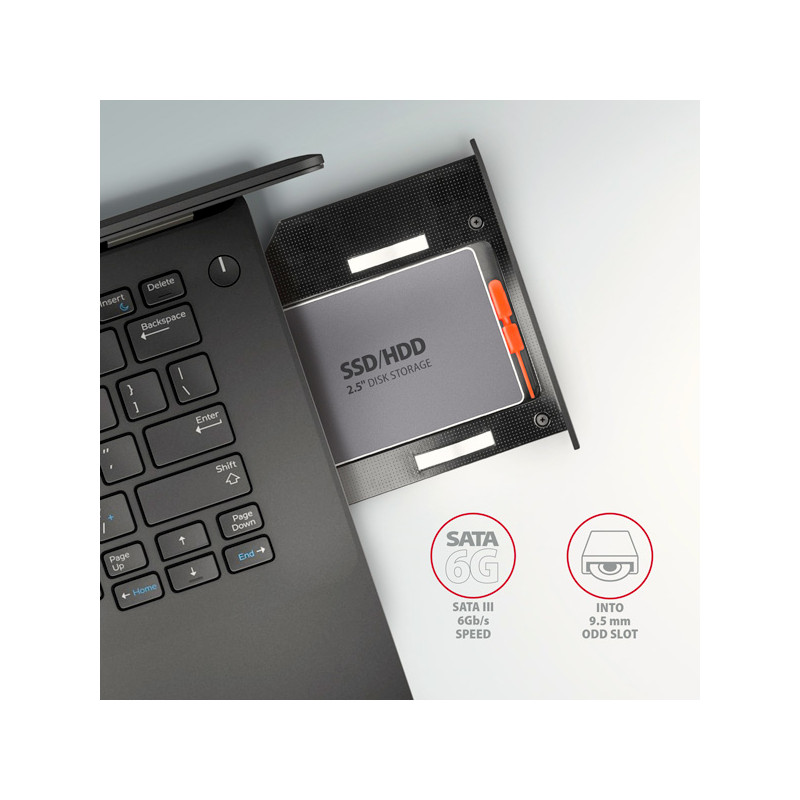 AXAGON RSS-CD09 rámček pre 2.5'' SSD/HDD do DVD slotu, 9.5 mm, LED, hliník