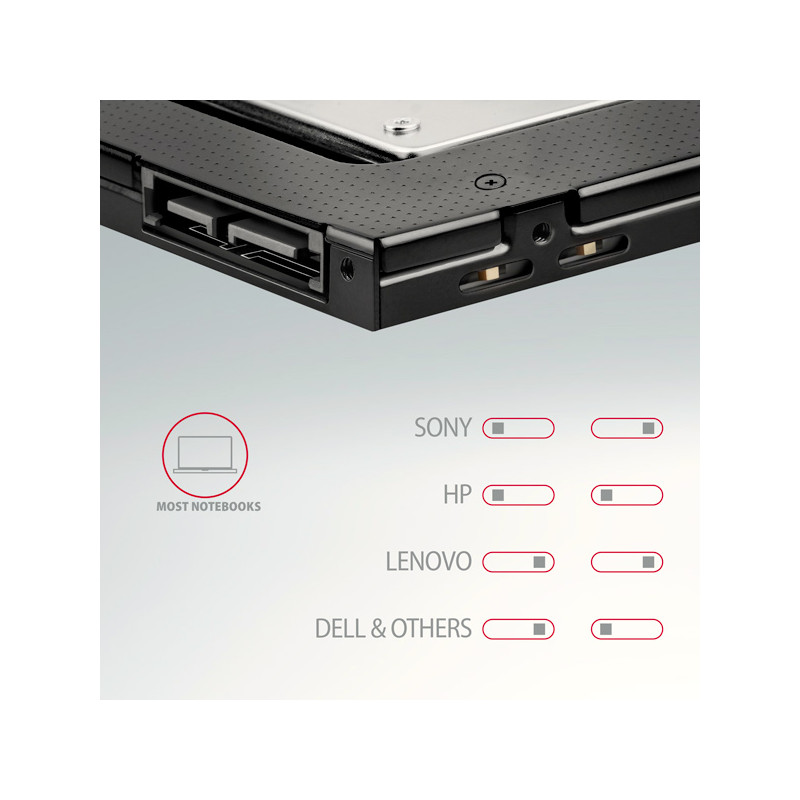 AXAGON RSS-CD09 rámček pre 2.5'' SSD/HDD do DVD slotu, 9.5 mm, LED, hliník