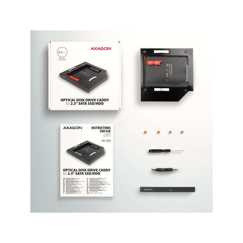 AXAGON RSS-CD09 rámček pre 2.5'' SSD/HDD do DVD slotu, 9.5 mm, LED, hliník