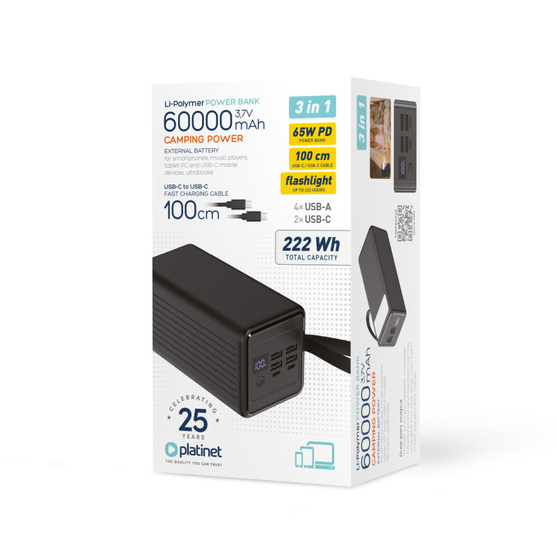 FELLOWES - Platinet Powerbanka 60000 mAh 65W Power Delivery, 2xUSB-C, 2xUSB-A, kábel USB-C 1m, čierna