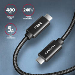 AXAGON BUCM2-CM20AB, CHARGE kábel USB-C -- USB-C, 2m, Hi-Speed USB, PD 240W 5A, ALU, oplet, čierny